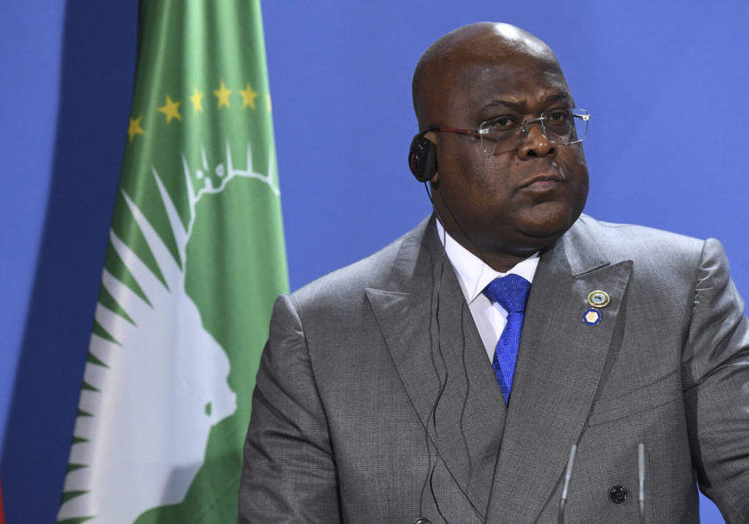 Felix Tshisekedi, President of the Democratic Republic of the Congo addresses a press conference after the "G20 Compact with Africa" (CwA) meeting at the Chancellery in Berlin, Friday, Aug. 27, 2021. (Tobias Schwarz/Pool Photo via AP)/LLT125/21239651939709/POOL PHOTO/2108272015